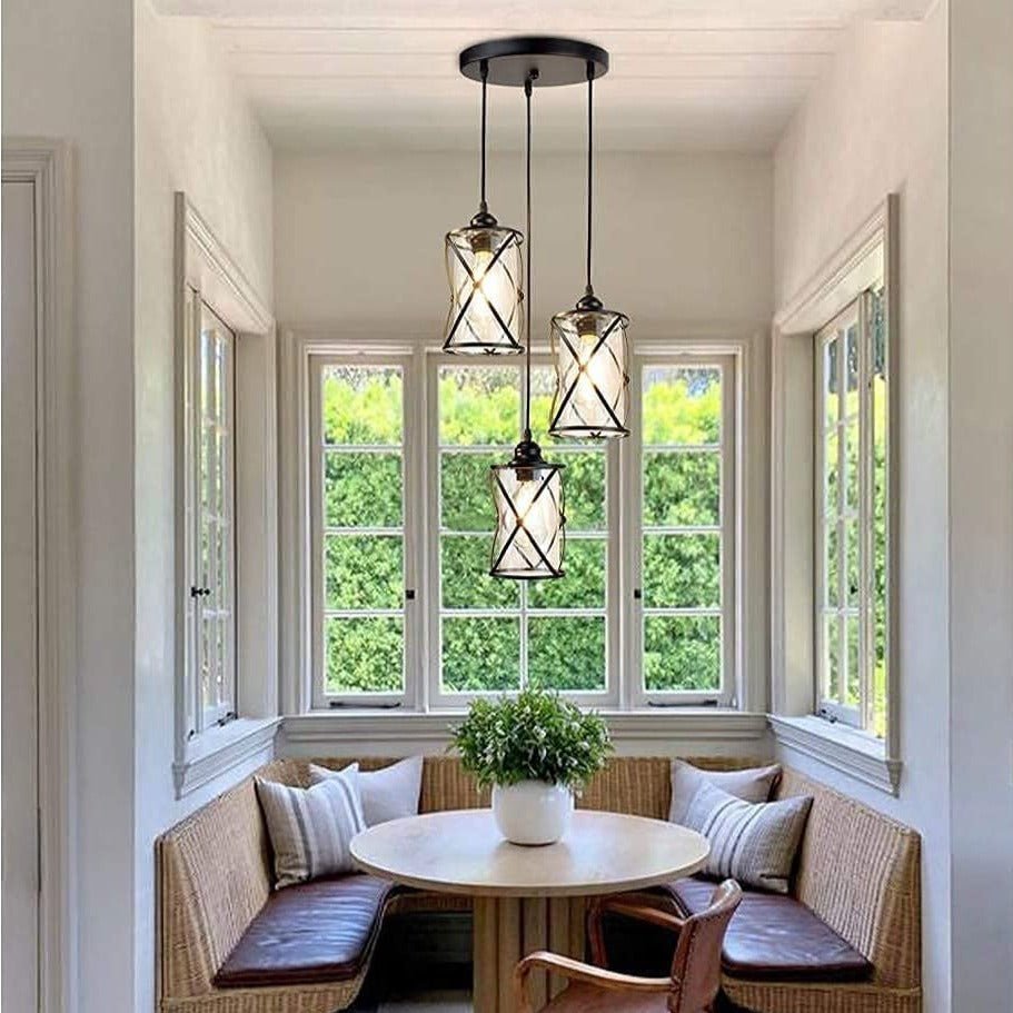 Industrial Pendant Light Black Cage Glass Swag Lamp Hanging Light Fixtures 3 Light Glass W331PB65