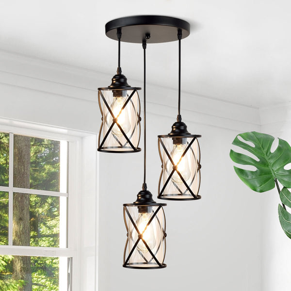 DLLT 3 Light Industrial Pendant Light Black Metal Cage Hanging Chandelier Lights with Glass Shade Vintage Style Flush Mount Swag Lighting Fixture for Kitchen Dining Room Hallway Bedroom DEPULEY