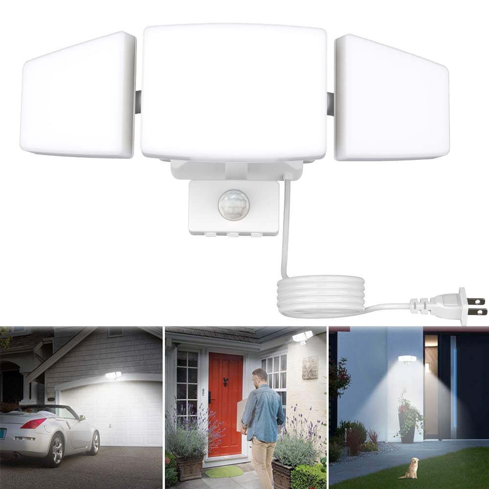 Depuley 35W Plug-In Motion Sensor Light Outdoor, Exterior LED Security Lights Fixture with 3 Adjustable Heads, Detector Flood Light for Garage Yard Porch Patio IP65 Waterproof, 6500K - WSMSL02-3W 1 | Depuley