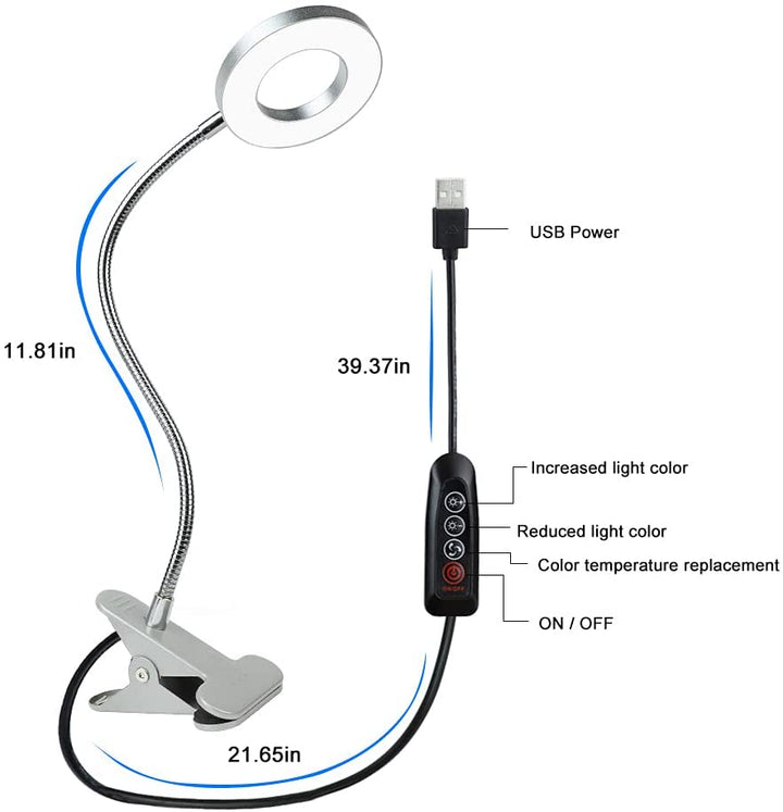 Depuley Dimmable Clip on Reading Light, 48 LED Chips USB Bed Night Lights with 3 Colors, 15 Brightness Level Book Light Flexible Clamp for Makeup Mirror, Desk, Bedside, Headboard, Piano, Computer Light - WSTL01-S 4 | Depuley