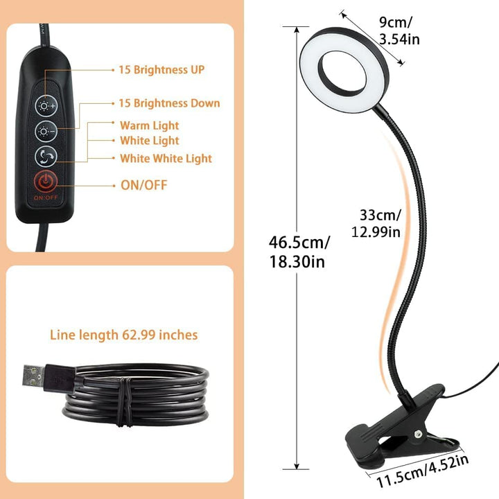 Depuley Dimmable Clip on Reading Light, 48 LED Chips USB Bed Night Lights with 3 Colors, 15 Brightness Level Book Light Flexible Clamp for Makeup Mirror, Desk, Bedside, Headboard, Piano, Computer Light - B0777NJDQ9 16 | Depuley