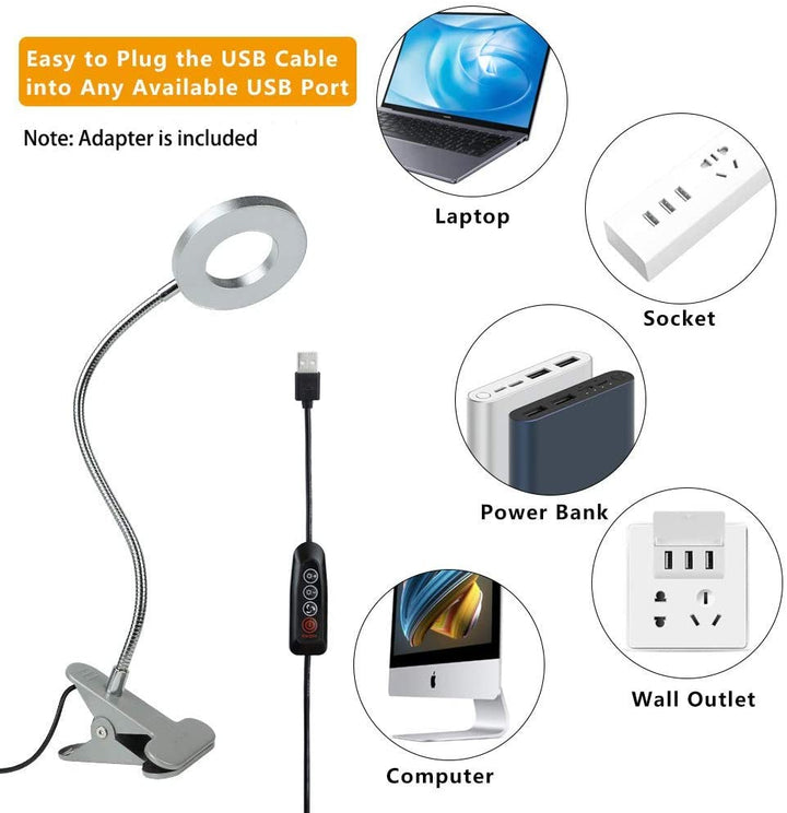 Depuley Dimmable Clip on Reading Light, 48 LED Chips USB Bed Night Lights with 3 Colors, 15 Brightness Level Book Light Flexible Clamp for Makeup Mirror, Desk, Bedside, Headboard, Piano, Computer Light - WSTL01-S 6 | Depuley