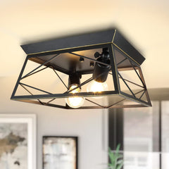 DLLT Farmhouse Flush Mount Ceiling Light Fixture, 2-Light Metal Square Close to Ceiling Light, Industrial Semi Flush Mount Ceiling Lamp for Bedroom Kitchen Hallway Porch Living Room, E26 Base - WS-FNC13-60B 1 | Depuley