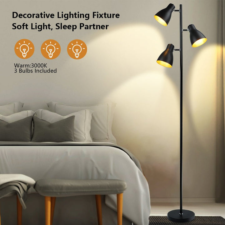 DLLT Industrial Tree Floor Lamp with 3 Bulbs, Farmhouse Standing Light, Skinny Tall Pole Lamp, Metal Bright Reading Lamps for Living Room Bedroom, Adjustable Heads, Foot Switch, Mid Century (Bulbs Included) - WSFLL011-B 15 | Depuley