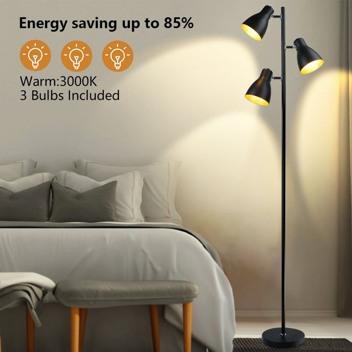 DLLT Industrial Tree Floor Lamp with 3 Bulbs, Farmhouse Standing Light, Skinny Tall Pole Lamp, Metal Bright Reading Lamps for Living Room Bedroom, Adjustable Heads, Foot Switch, Mid Century (Bulbs Included) - WSFLL011-B 12 | Depuley