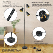 DLLT Industrial Tree Floor Lamp with 3 Bulbs, Farmhouse Standing Light, Skinny Tall Pole Lamp, Metal Bright Reading Lamps for Living Room Bedroom, Adjustable Heads, Foot Switch, Mid Century (Bulbs Included) - WSFLL011-B 4 | Depuley