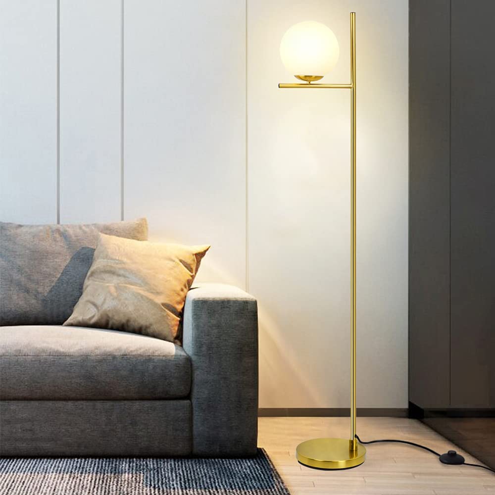 DLLT Lunar Frosted Glass Globe Floor Lamp 9W LED Standing Lamps for Modern, Mid Century Contemporary Rooms, Energy Saving Tall Pole Accent Lighting for Living Room, Bedroom, Office, Gold - PY-F1036G 1 | Depuley