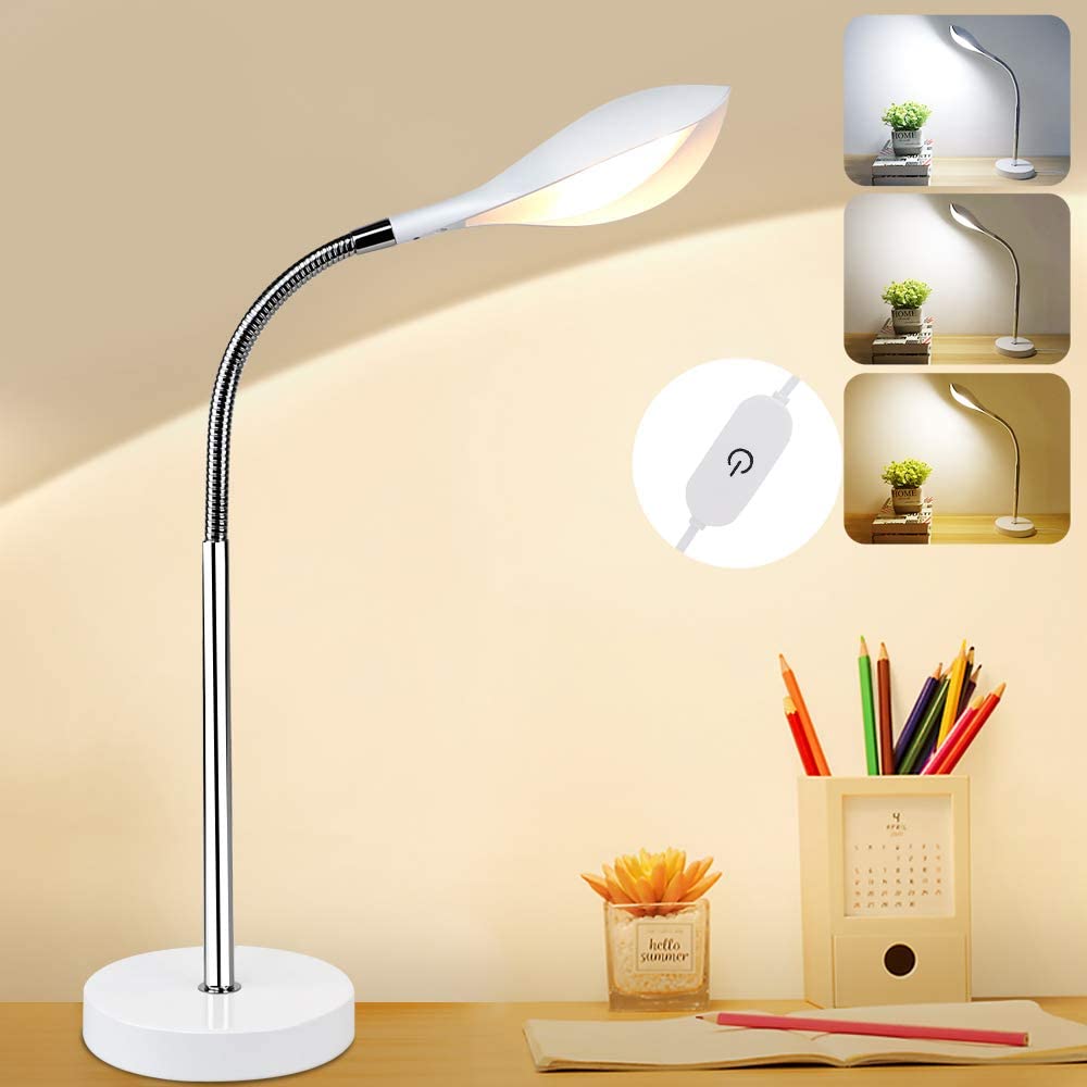 Depuley DLLT Minimalist White Table Lamp, Dimmable LED Desk Lamp with 3 Light Modes, Eye-Caring Reading Light with Touch Control and 360° Flexible Neck, Bedside Nightstand Lamp for Dorm Study Office Bedroom, USB Cable Adapter - WS-MPT5-6C 1 | Depuley