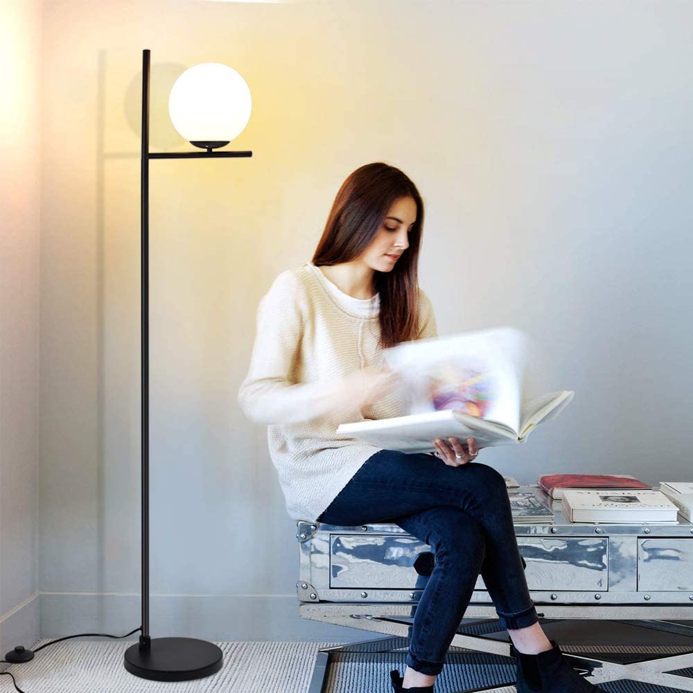 DLLT Modern LED Sphere Floor Lamp 9W Frosted Glass Globe Standing Lamps for Bedroom, Energy Saving Mid Century Tall Pole Standing Accent Lighting for Living Room, Office, Bedroom, Black (Bulb Includes) - PY-F1036B 15 | Depuley
