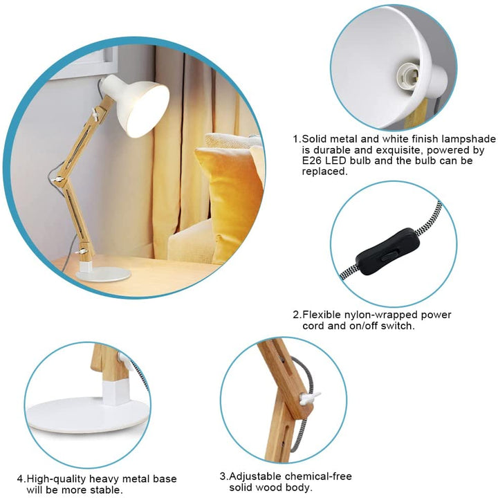Depuley Swing Arm Desk Lamp, Wood Adjustable Gooseneck Table Lamp, Modern Architect Desk Light, Reading Light for Work, Study, Bedroom, Home Office, College Dorm, White Metal Shade, Bulb Included - WST1042-4B-W 5 | Depuley