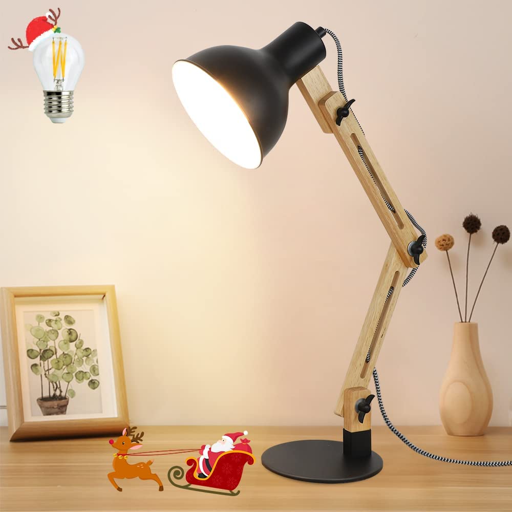 Depuley Wood Swing Arm Desk Lamp Architect Multi Joint Adjustable Gooseneck Table Lamp Modern Architect Desk Light Reading Light for Work Study Bedroom Home Office College Dorm Black Metal Shade Bulb ...