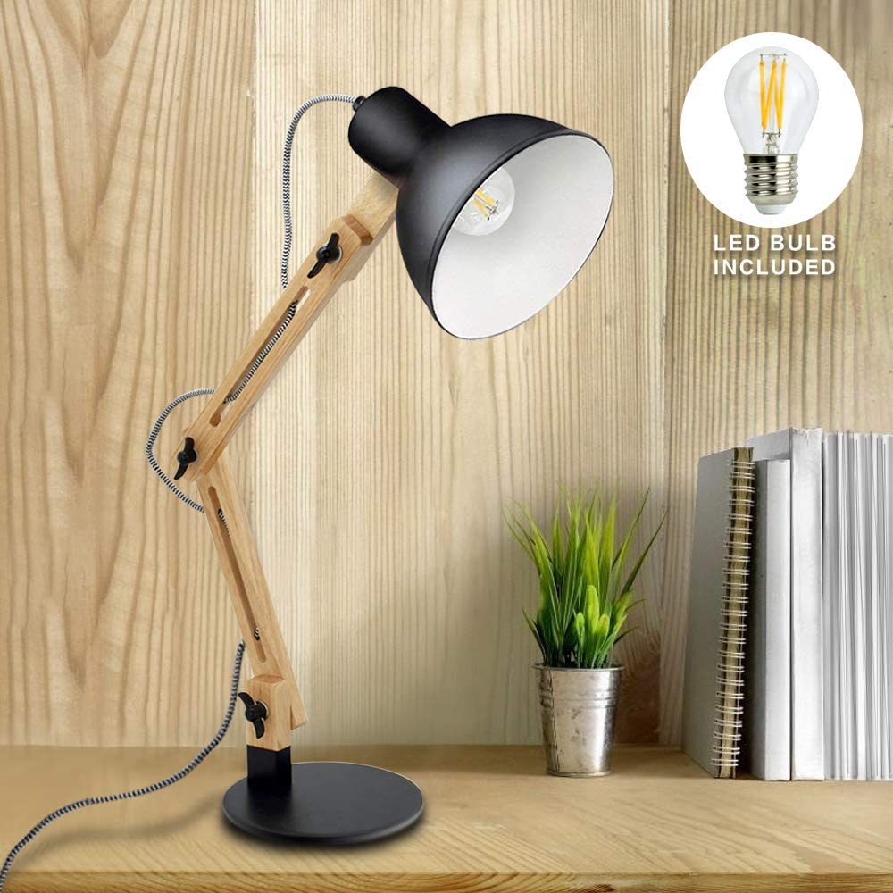 Depuley Wood Swing Arm Desk Lamp, Architect Multi-Joint Adjustable Gooseneck Table Lamp, Modern Architect Desk Light, Reading Light for Work, Study, Bedroom, Home Office, College Dorm, Black Metal Shade (Bulb Included) - WST1042-4B-B 2 | Depuley