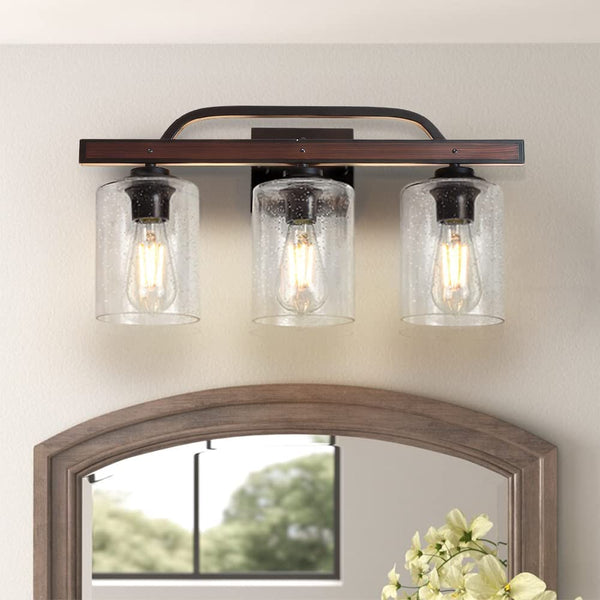 Depuley Rustic Vanity Lights 3 Light Farmhouse Bathroom Light Fixtures with Seeded Glass Shade Industrial Vintage Wall Sconces Lamp Over Mirror for Bathroom Hallway Bedroom Living Room DEPULEY