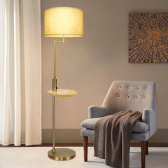 DLLT Golden LED Floor Lamp Living Room with USB Connection and Toggle Switch, Modern Floor Lamp Gold with Wooden Storage Shelf, 720 lm, 9W Bulb, 3000K, Eye Care LED Floor Pole Lamp for Bedroom, Office, Studio - PY-F1033G 1 | Depuley