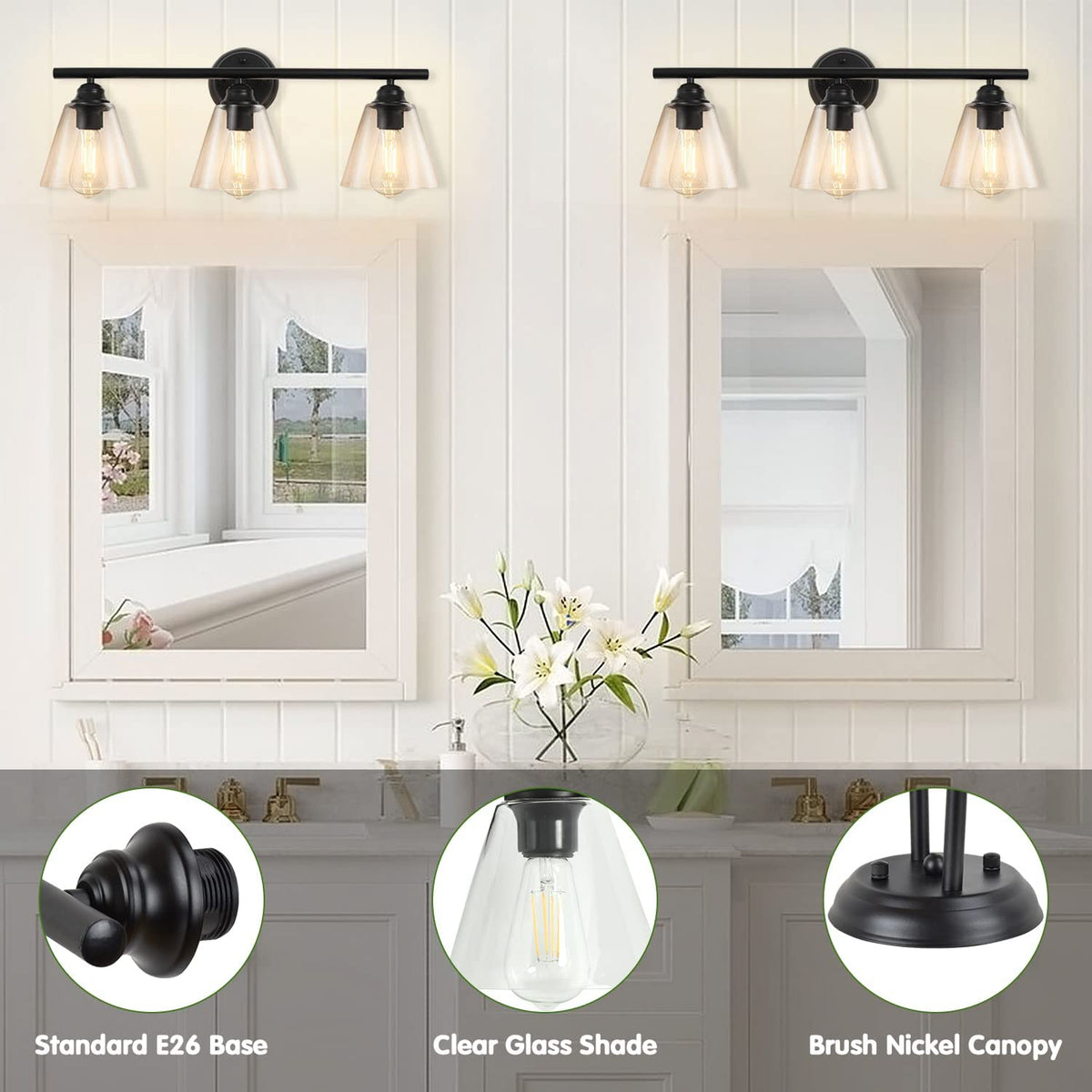 DLLT Indoor Vintage Wall Light Bathroom Dressing Table Black with 3 Bulbs Metal Glass Wall Spotlight Retro Lamp for Bathroom Bedroom Hallway Kitchen - WSWL004-B3 5 | Depuley