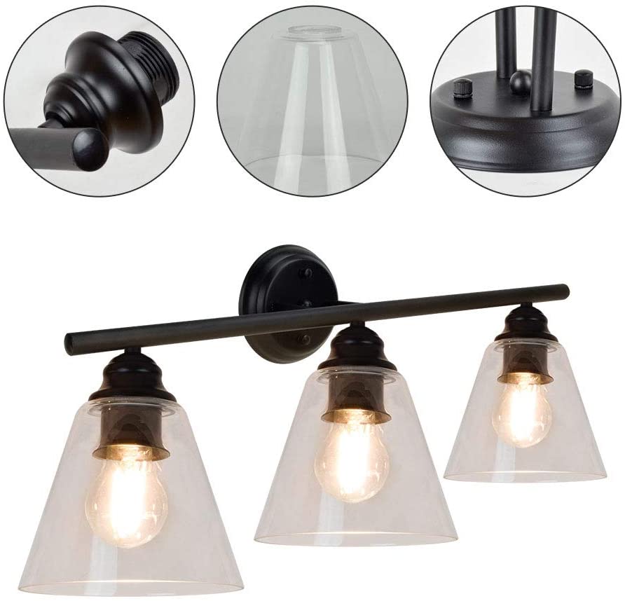 DLLT Indoor Vintage Wall Light Bathroom Dressing Table Black with 3 Bulbs Metal Glass Wall Spotlight Retro Lamp for Bathroom Bedroom Hallway Kitchen DLLT Indoor Vintage Wall Light Bathroom Dressing Table Black with 3 Bulbs Metal Glass Wall Spotlight Retro Lamp for Bathroom Bedroom Hallway Kitchen
