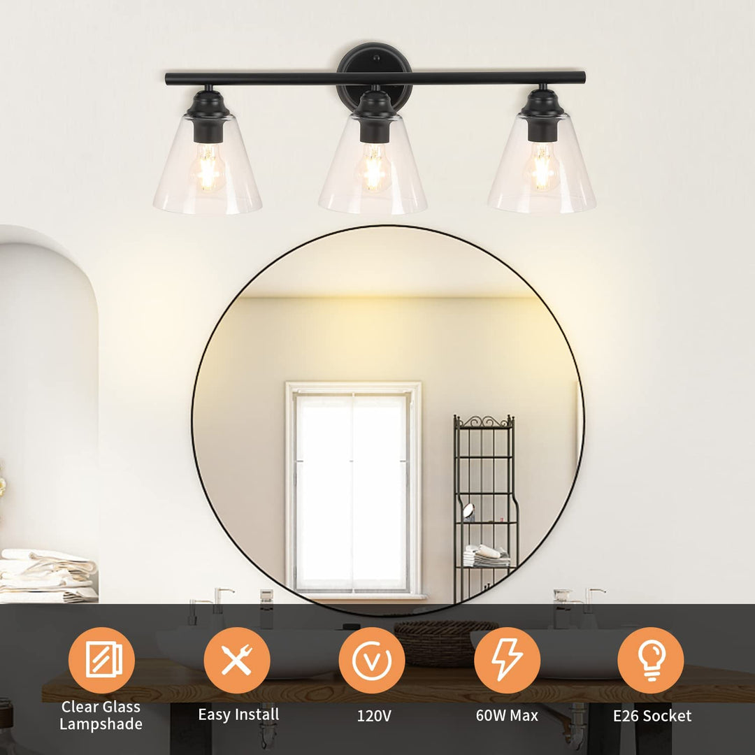 DLLT Indoor Vintage Wall Light Bathroom Dressing Table Black with 3 Bulbs Metal Glass Wall Spotlight Retro Lamp for Bathroom Bedroom Hallway Kitchen