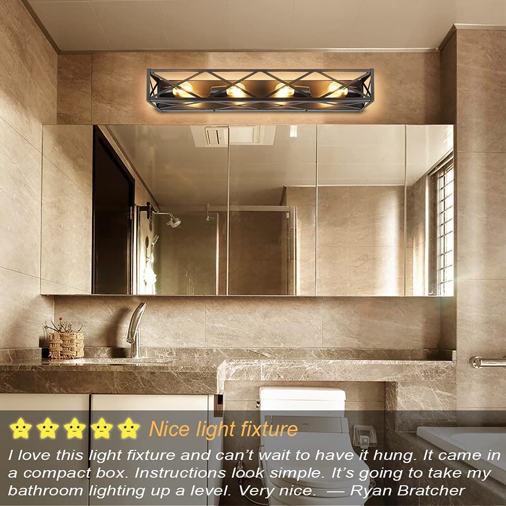 DLLT 4 Light Vintage Bathroom Light Rustic Wall Sconce Light with Brown Black Rectangular Frame Farmhouse Vanity Light for Mirror Cabinet Bathroom