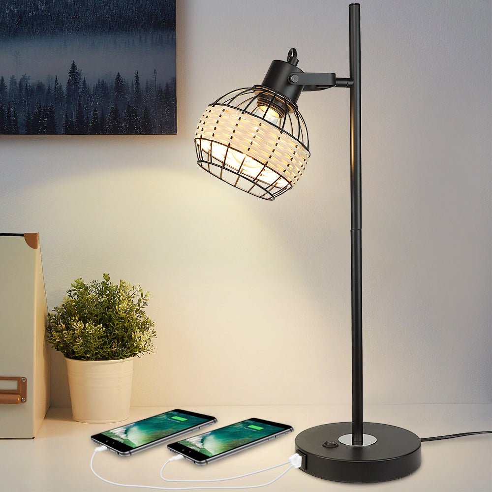 Depuley Industrial Beside Table Lamp with 2 USB Ports, Adjustable Modern Metal Nightstand Desk Lamp, 3000K Warm Light with Rattan Shade - WS-MNT31-60U 2 | Depuley