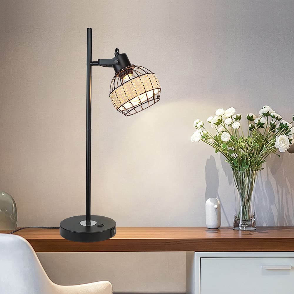 Depuley Industrial Beside Table Lamp with 2 USB Ports, Adjustable Modern Metal Nightstand Desk Lamp, 3000K Warm Light with Rattan Shade - WS-MNT31-60U 7 | Depuley