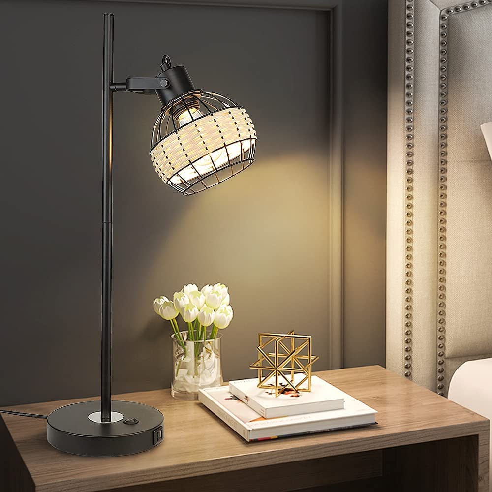 Depuley Industrial Beside Table Lamp with 2 USB Ports Adjustable Modern Metal Nightstand Desk Lamp 3000K Warm Light with Rattan Shade