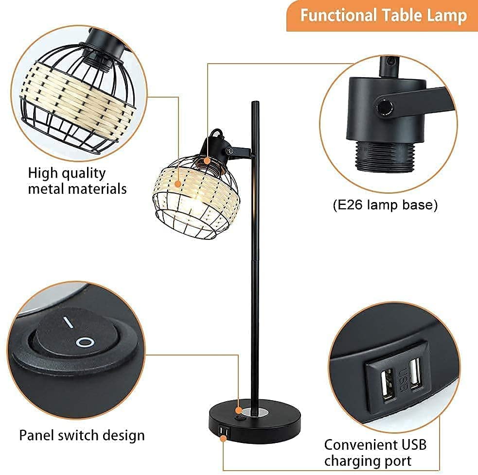 Depuley Industrial Beside Table Lamp with 2 USB Ports, Adjustable Modern Metal Nightstand Desk Lamp, 3000K Warm Light with Rattan Shade - WS-MNT31-60U 5 | Depuley
