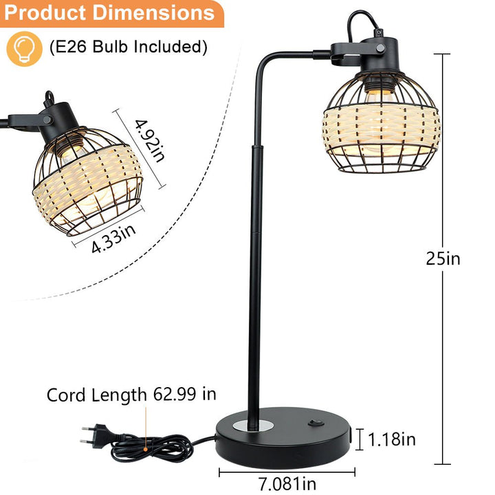 DLLT Industrial Black Table Lamp, 2 USB Ports Adjustable Head Desk Lamp, Modern Metal Nightstand Lamp with Rattan Shade, USB Bedside Lamps - WS-MNT32-60U 3 | Depuley