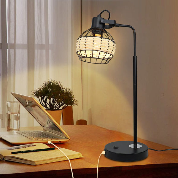 DLLT Industrial Black Table Lamp 2 USB Ports Adjustable Head Desk Lamp Modern Metal Nightstand Lamp with Rattan Shade USB Bedside Lamps
