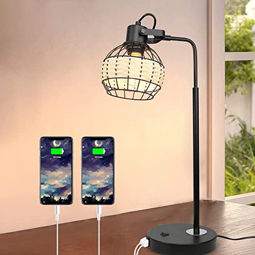 DLLT Industrial Black Table Lamp, 2 USB Ports Adjustable Head Desk Lamp, Modern Metal Nightstand Lamp with Rattan Shade, USB Bedside Lamps - WS-MNT32-60U 2 | Depuley