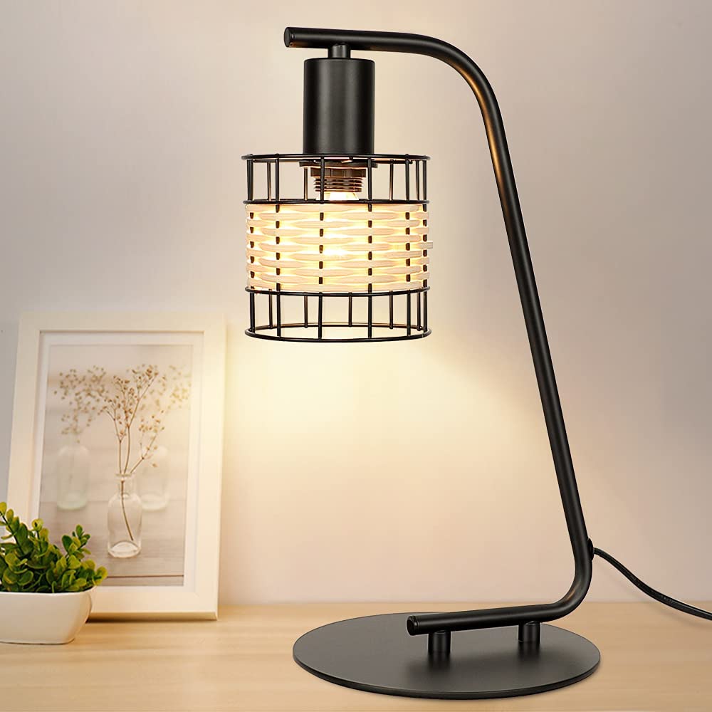 Depuley Industrial Black Table Lamp, Modern Nightstand Lamp with Rattan Shade, LED Reading Desk Lamp with Stable Base and Control Switch for Bedroom, Study, Bedside, Living Room - WS-MNT41-40B 1 | Depuley