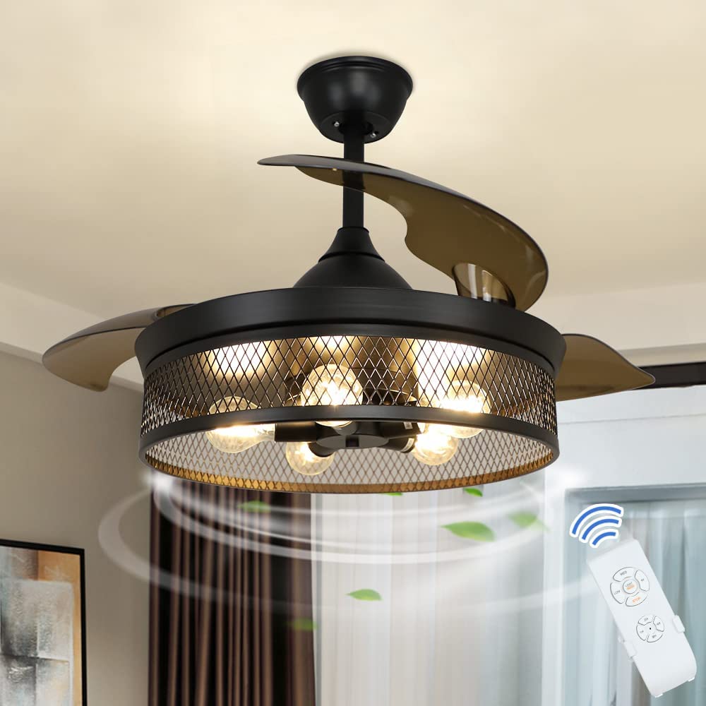 Depuley Industrial Ceiling Fan with Lights, Vintage Black Ceiling Fan with Remote, Cage Ceiling Light Fixture with Retractable Blades for Kitchen, Dining Room, Living Room, 5 E26 Base - WS-FPZ15-60B 1 | Depuley