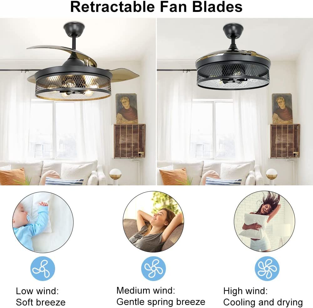 Depuley Industrial Ceiling Fan with Lights Vintage Black Ceiling Fan with Remote Cage Ceiling Light Fixture with Retractable Blades for Kitchen DIN