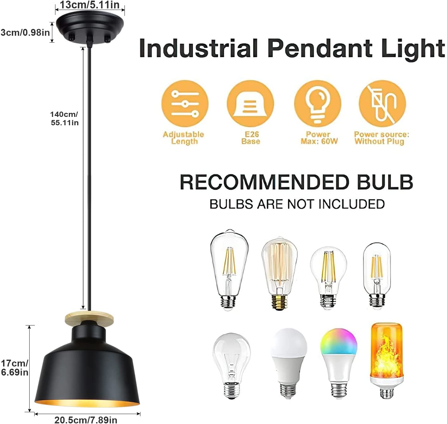 Depuley Industrial Pendant Light Fixture Farmhouse Black Metal Hanging Ceiling Lamp Vintage Chandelier 7.9 Inch Adjustable Pendant Lighting