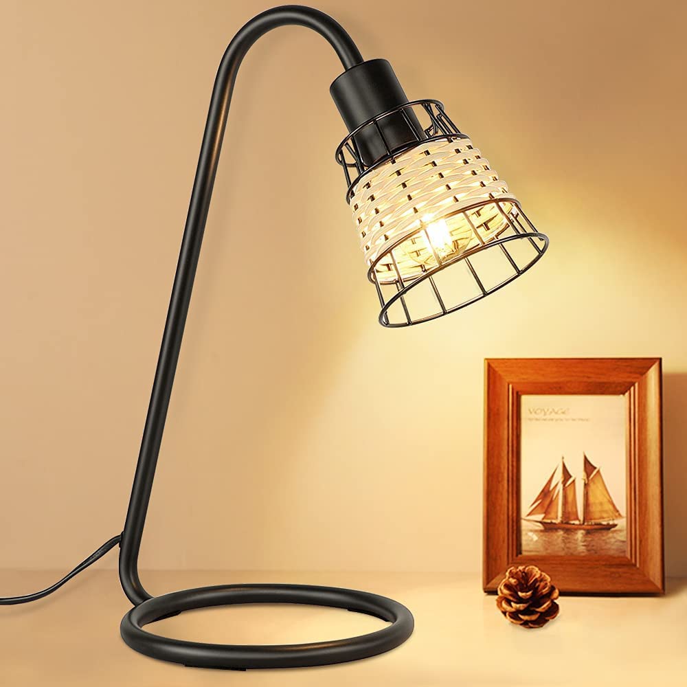 Depuley Industrial Table Lamp, Modern LED Desk Lamp, Black Metal Bedside Nightstand Lamp with Rattan Shade, Small Table Lamps Rattan for Bedrooms, Living Room, Office, Study - WS-MNT40-40B 1 | Depuley