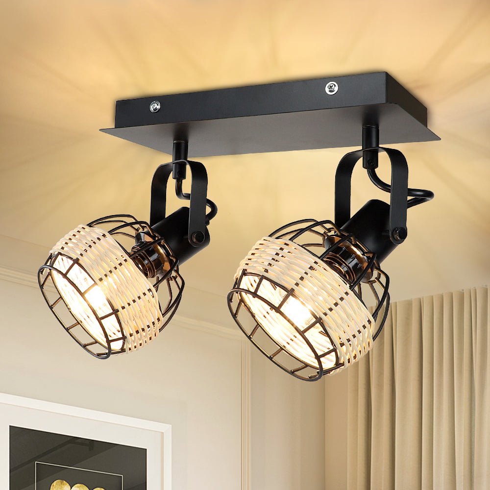 Depuley Led Ceiling Light 2 Ways Rotatable Ceiling Spotlight Industrial Swiveling Kitchen Ceiling Light Rustic Wall Light with Black Metal Cage and Rattan Lampshade for Living Room, Dining Room, Bedroom - WS-FNG46-40B 1 | Depuley