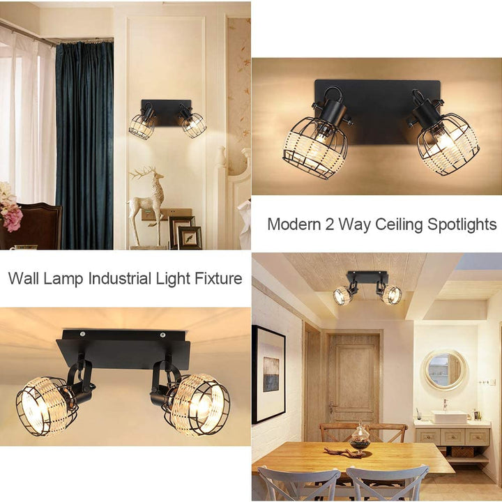 Depuley Led Ceiling Light 2 Ways Rotatable Ceiling Spotlight Industrial Swiveling Kitchen Ceiling Light Rustic Wall Light with Black Metal Cage and Rattan Lampshade for Living Room, Dining Room, Bedroom - WS-FNG46-40B 4 | Depuley