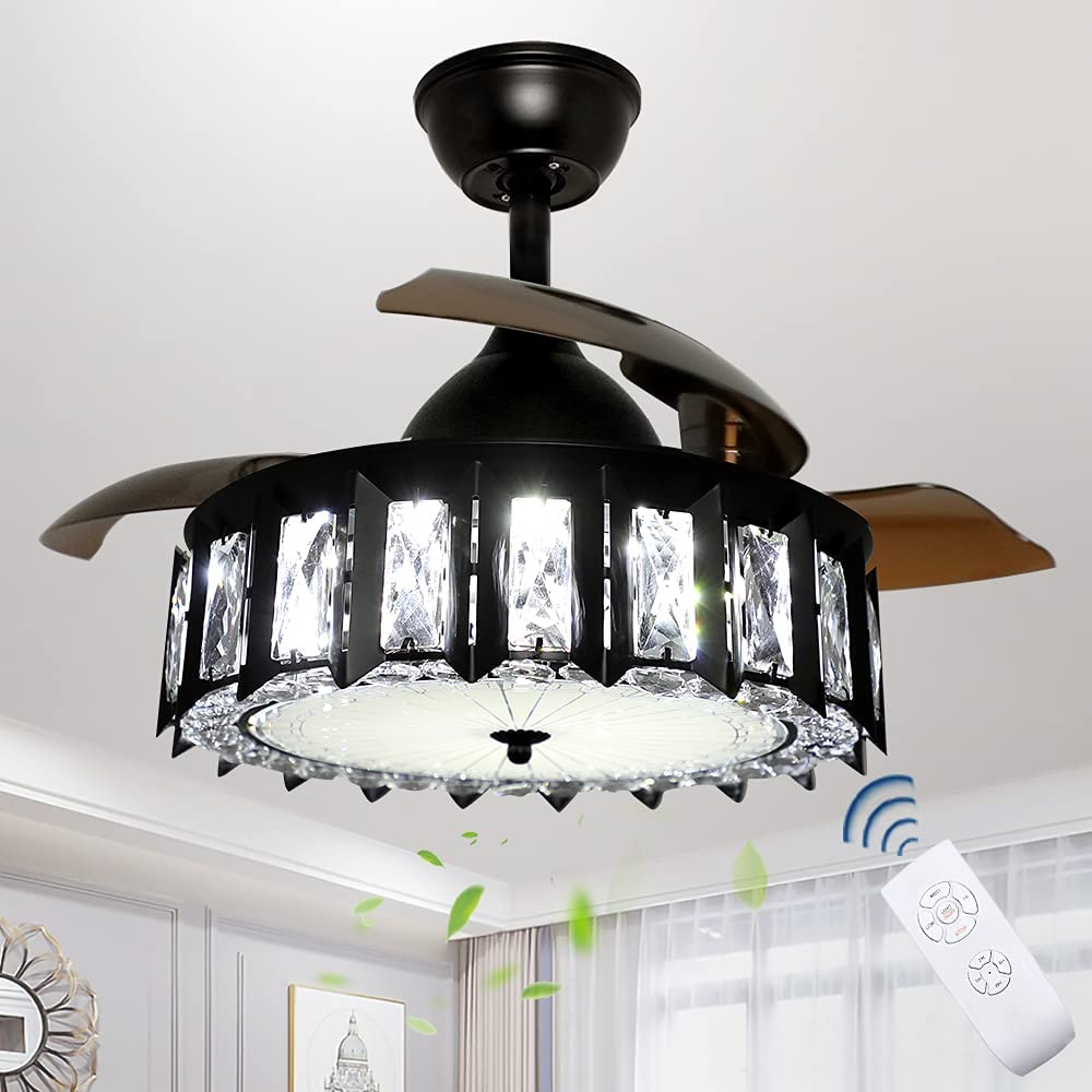 Depuley LED Crystal Ceiling Fans with Light, 27W/36W Ceiling Fan Lights with Remote, Industrial Ceiling Fan Lighting with Retractable Blades for Bedroom, Black Ceiling Fan Light Kit, 3 Wind Speeds, 2 Adjustable Height, 4 Timing - WS-FPZ25-27C 1 | Depuley