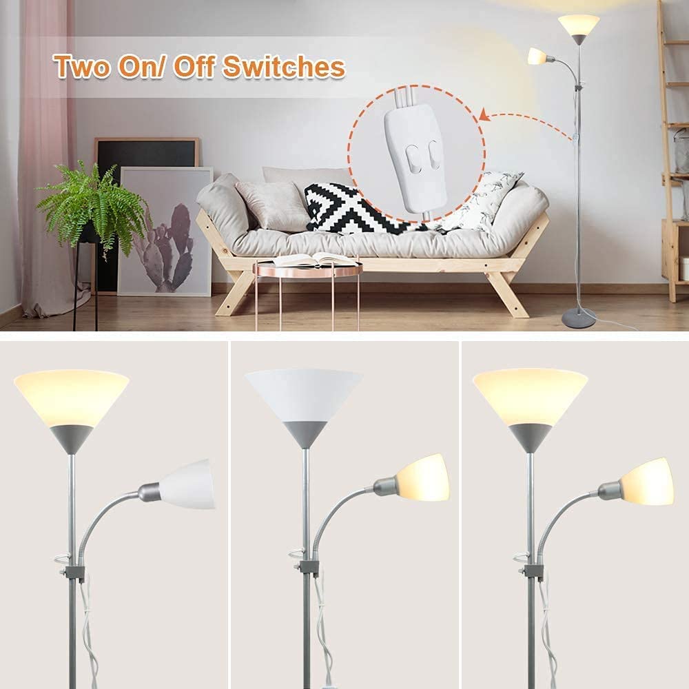 DLLT LED Floor Lamp with Reading Lights Modern Standing Pole Light Torchiere and Gooseneck Free Standing Lamp for Living Room Bedroom Office Silv