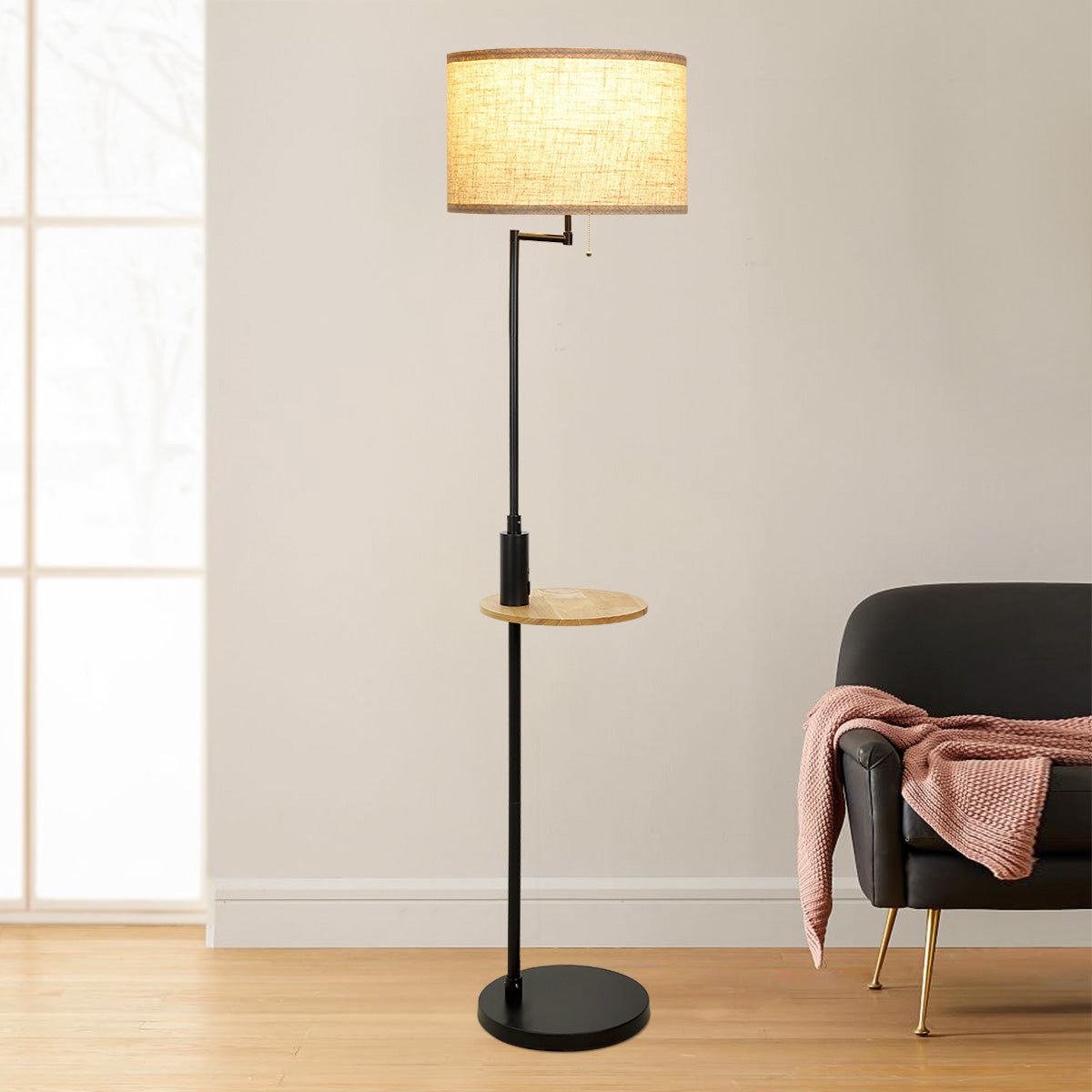 DLLT Living Room LED Floor Lamp- Standing Accent Light with USB Charging Port, Energy Saving, Tall Pole Lighting with Beside Table, Mid Century Contemporary Rooms Lamps, Warm Lights,Fabric Shade - PY-F1033B 1 | Depuley