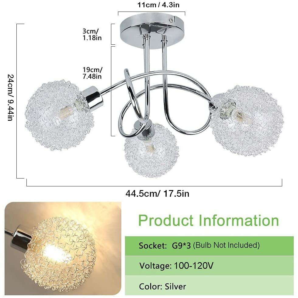 Depuley Modern 3 Light Semi Flush Mount Ceiling Light Fixture Small Sputnik Chandelier with Globe Wire Shade Elegant Ceiling Lamp for Bedroom Kitche