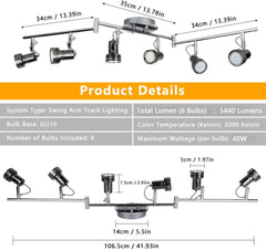 DLLT Modern 6-Light Led Track Lighting Fixtures, Rail 6-head Directional Kitchen Ceiling Spotlight, Flush Mount Foldable Track Light Kit for Living Room Dining Room Office, Rotatable Heads, Swing Arms - WSSD06-18B 3 | Depuley