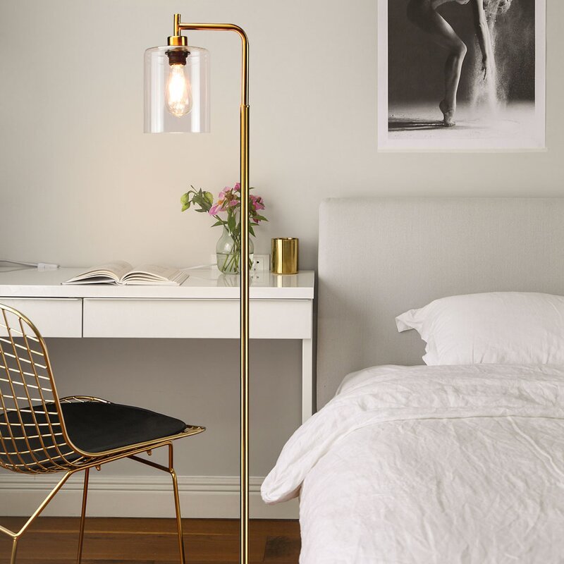 DLLT Modern Floor Lamp, Metal Reading Tall Pole Light with Hanging Glass Shade, Farmhouse Standing Industrial Floor Lamps, Brass Tall Lighting for Living Room Bedroom Office (Bulb Included) - WSFLL005-G 2 | Depuley
