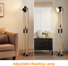Depuley Modern Metal Wooden Floor Lamps for Living Room, 360° Heads Rotatable Standing Light with Pressure Switch, Reading Lamp for Bedroom Office Decoration, Bulb Included - WS-MNF33-60B 2 | Depuley