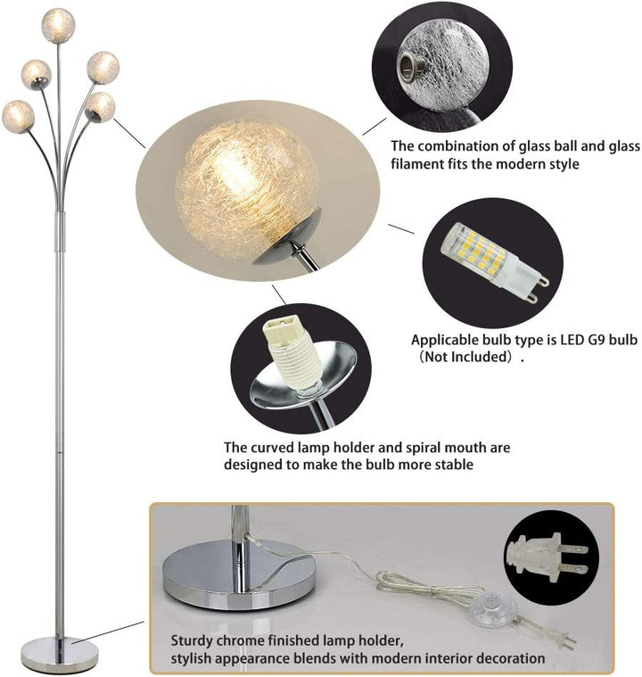 Depuley Modern Globe LED Floor Lamps for Living Room-DLLT Standing Lamps with 5 Lights for Bedroom, Tall Pole Tree Accent Lighting for Mid Century, Contemporary Home, Glass Shade Silver - WSFLL001 4 | Depuley