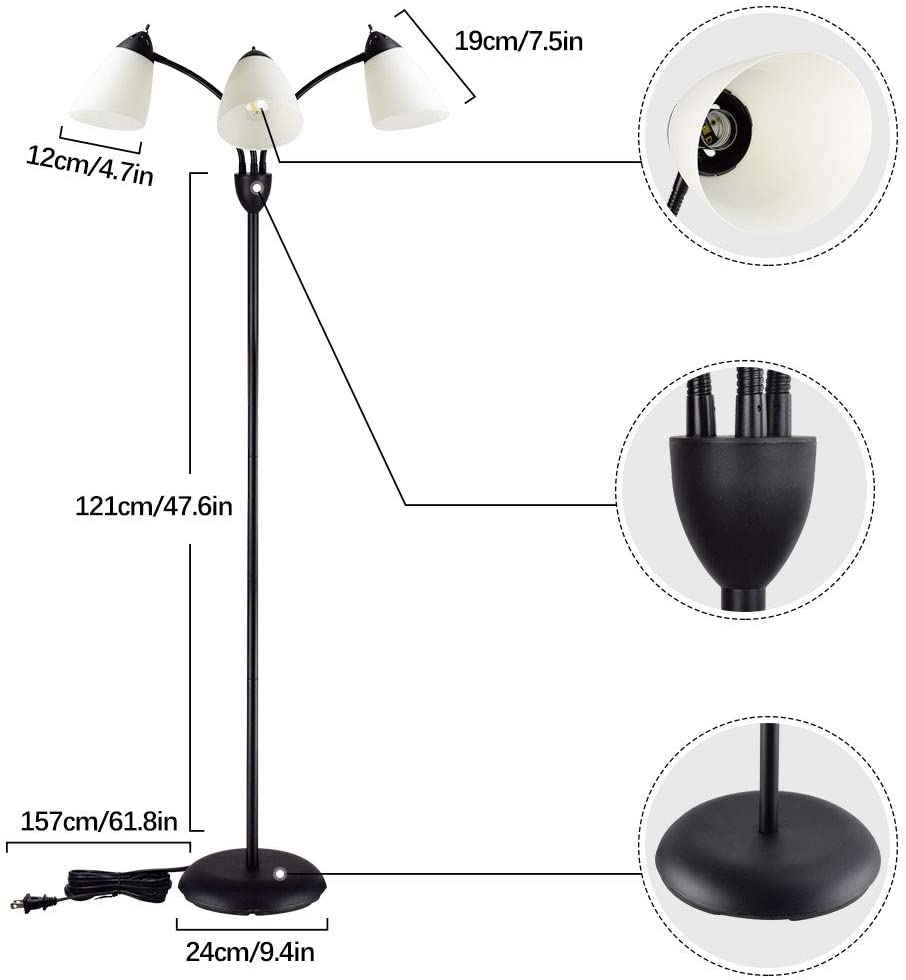 Depuley Modern Reading Floor Lamp 3 Light with Adjustable Flexible Gooseneck Tree Standing Lamp for Living Room Bedroom Study Room Office Black M