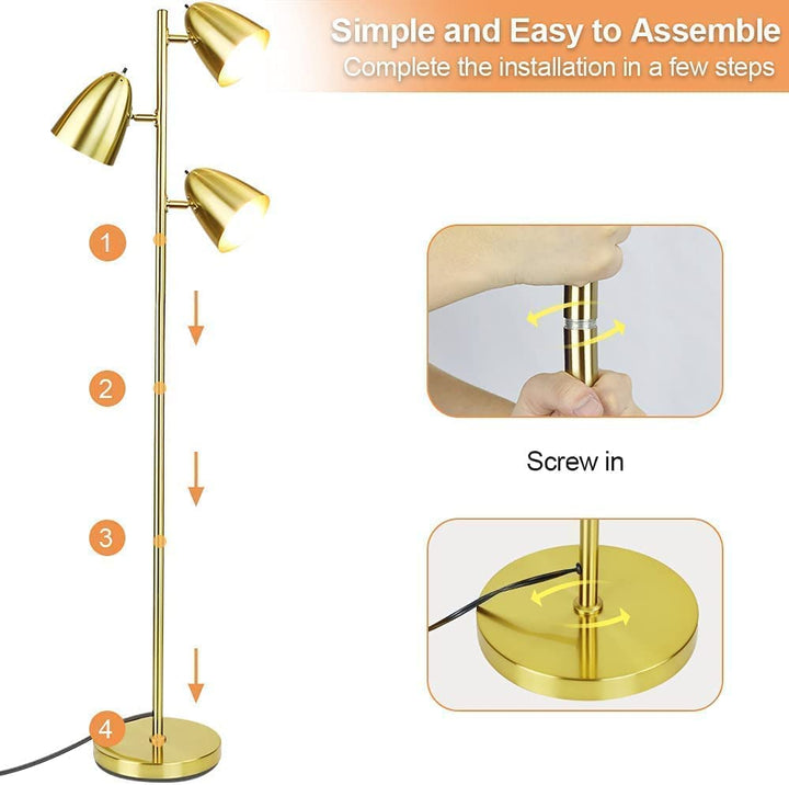 DLLT Modern Standing Lamp for Living Room, Bedroom, Bright Torchiere Metal 3-Light Tall Tree Floor Lamp, Adjustable LED Reading Floor Light, Pole Stand Light for Office,Study Room, Gold, 3 Bulbs Included - WSFLL009-G 5 | Depuley