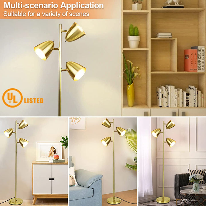 DLLT Modern Standing Lamp for Living Room, Bedroom, Bright Torchiere Metal 3-Light Tall Tree Floor Lamp, Adjustable LED Reading Floor Light, Pole Stand Light for Office,Study Room, Gold, 3 Bulbs Included - WSFLL009-G 9 | Depuley