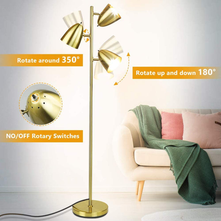 DLLT Modern Standing Lamp for Living Room, Bedroom, Bright Torchiere Metal 3-Light Tall Tree Floor Lamp, Adjustable LED Reading Floor Light, Pole Stand Light for Office,Study Room, Gold, 3 Bulbs Included - WSFLL009-G 8 | Depuley