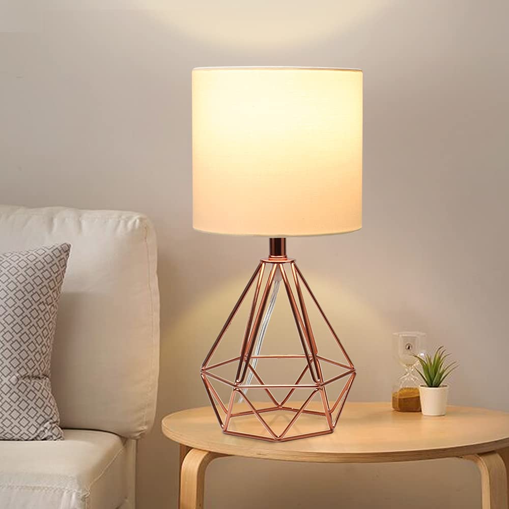 Depuley Modern Table Lamp for Bedroom, Geometric Bedside Lamp with Rose Gold Hollowed Out Metal Base and Fabric Shade, Nightstand Lamps for Living Room, Office - WSTL12G 1 | Depuley