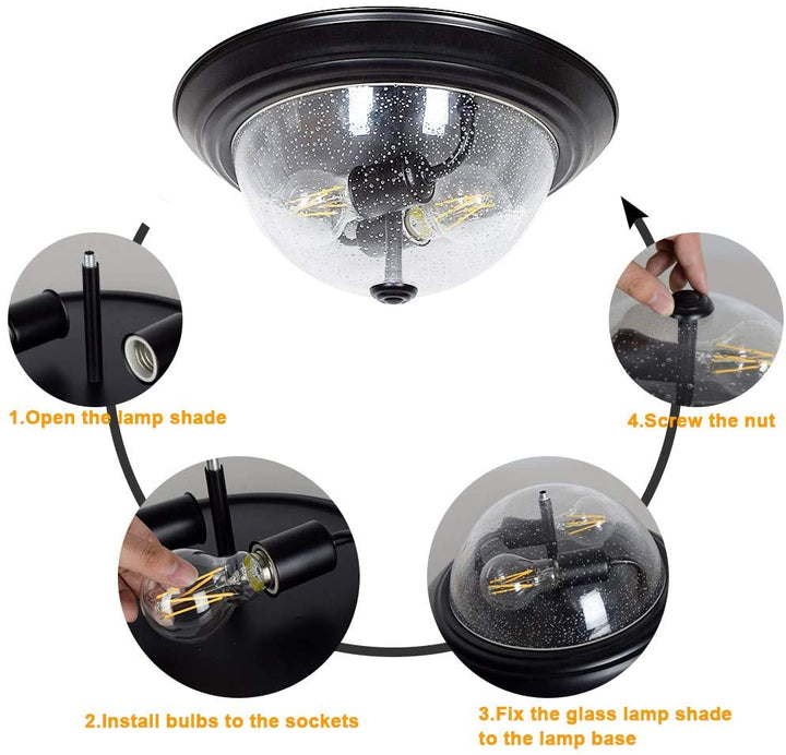 DLLT Seeded Glass Ceiling Light, 13 Inch 2-Light Farmhouse Semi Flush Mount Lighting Fixture, Round Downlight with Bubbled Glass Shade for Entryway, Hallway, Bedroom, Porch, Kitchen, Living Room - WSCL39-B2 5 | Depuley